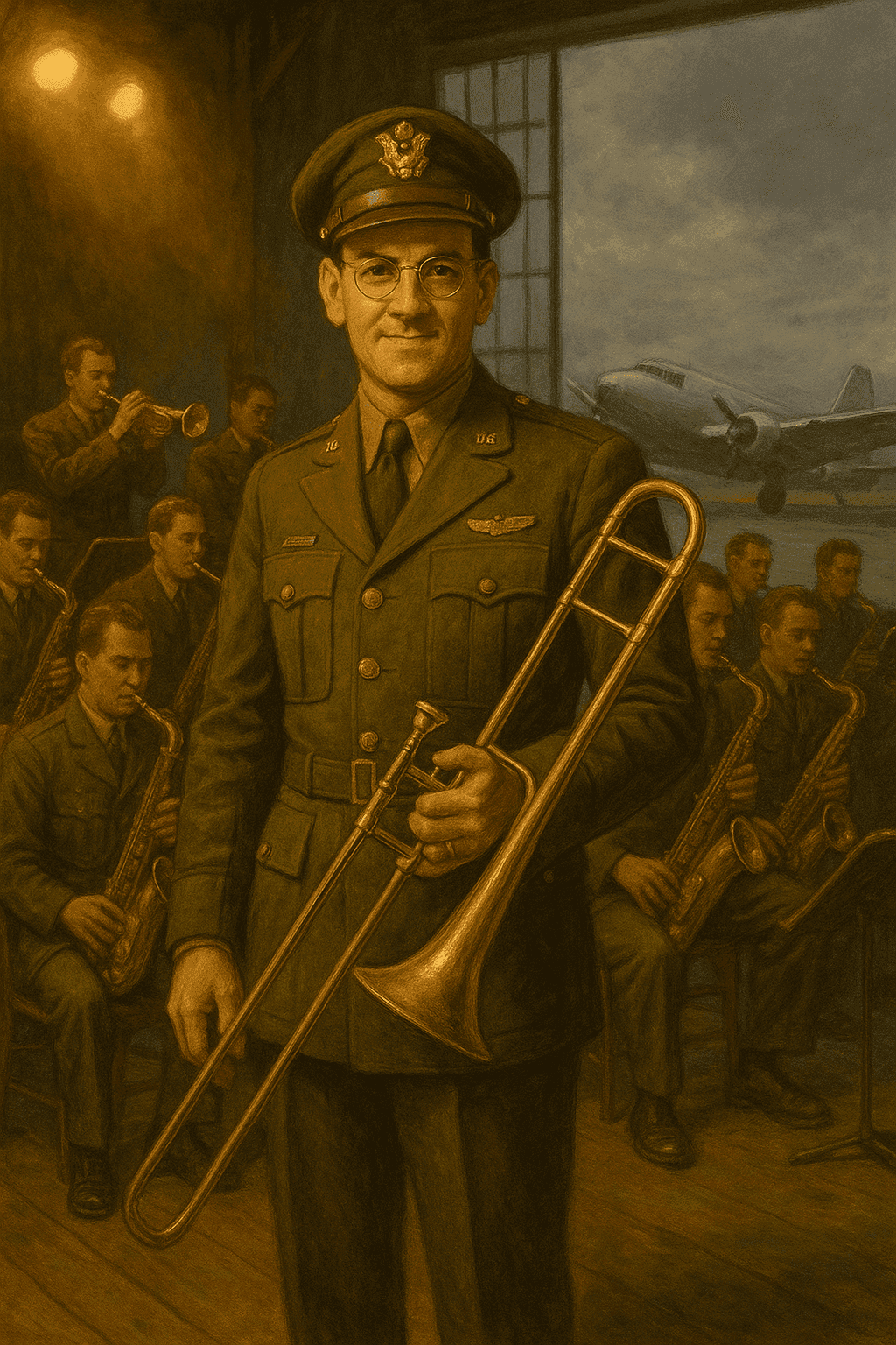 Glenn Miller in military uniform with his trombone, standing before his orchestra with WWII-era aircraft visible through windows in the background
