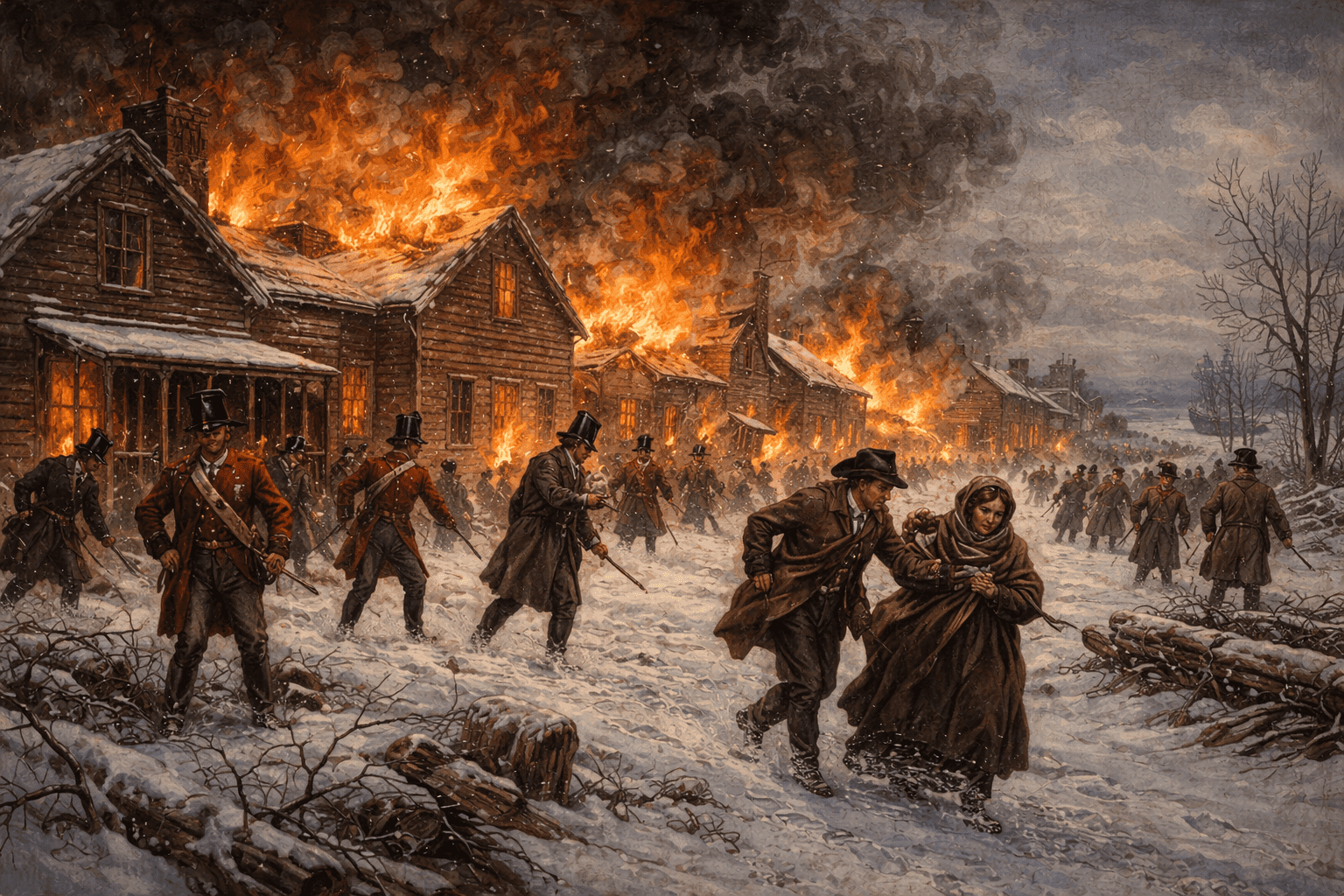 Buffalo, New York burning in winter 1813 with British troops and fleeing residents visible in the snowy frontier setting