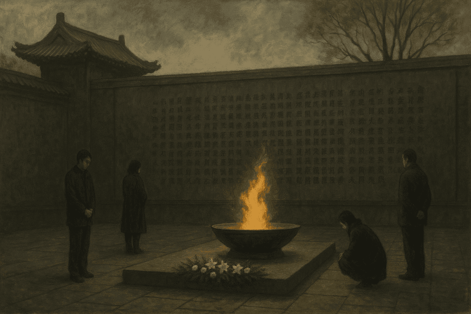 Somber memorial scene in Nanjing with symbolic representation of remembrance, featuring eternal flame and mourners paying respects