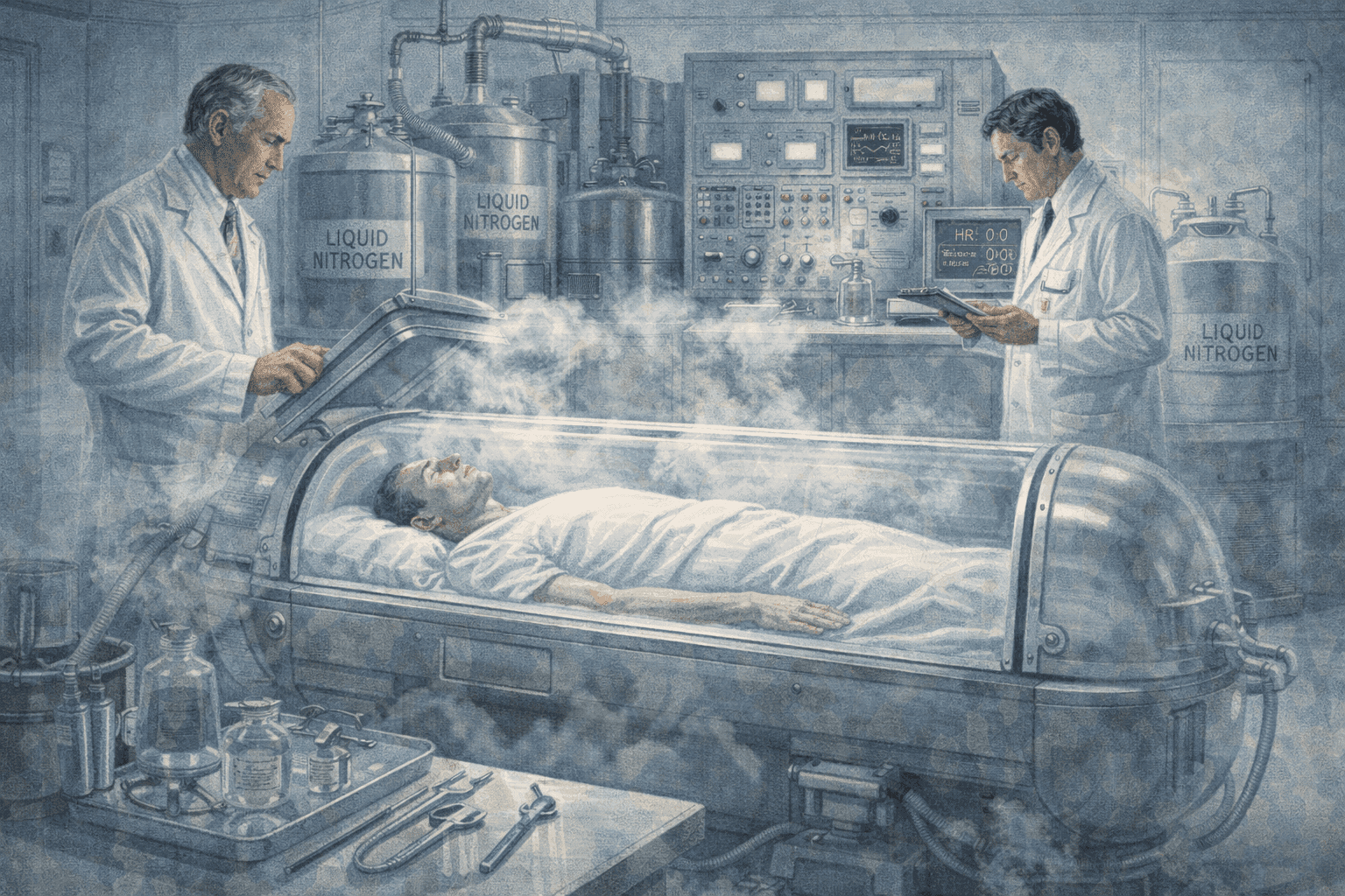 Cryonic preservation facility in the 1960s showing the early scientific equipment and hopeful atmosphere of life extension technology