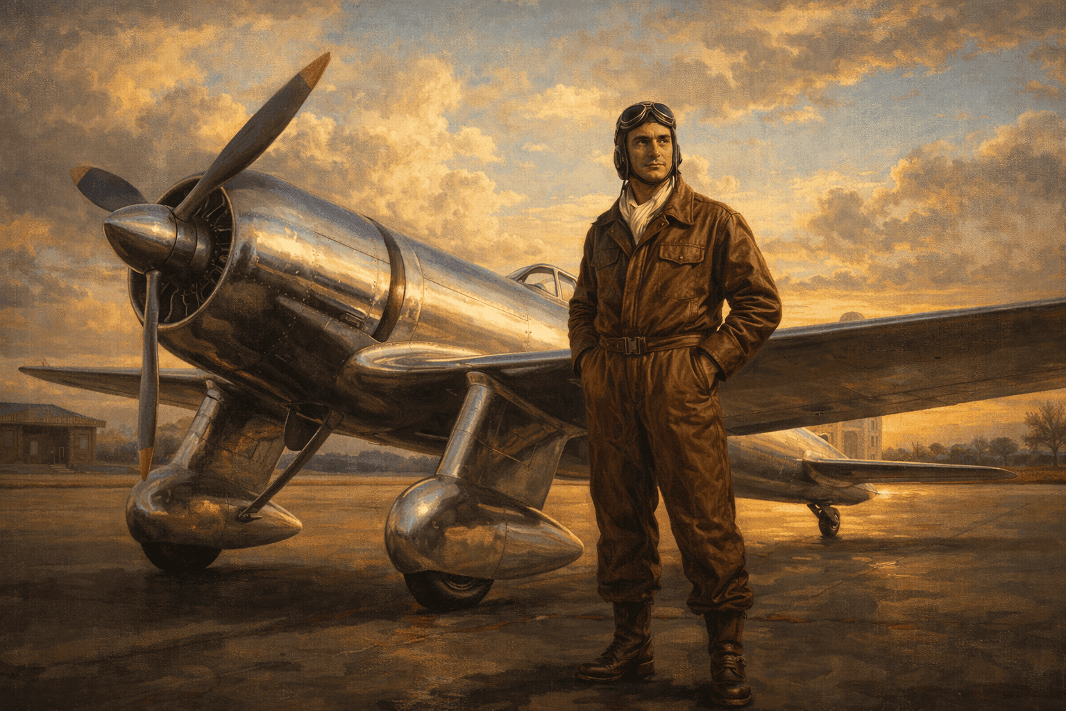 Howard Hughes in flight gear standing beside his sleek H-1 Racer aircraft with art deco styling