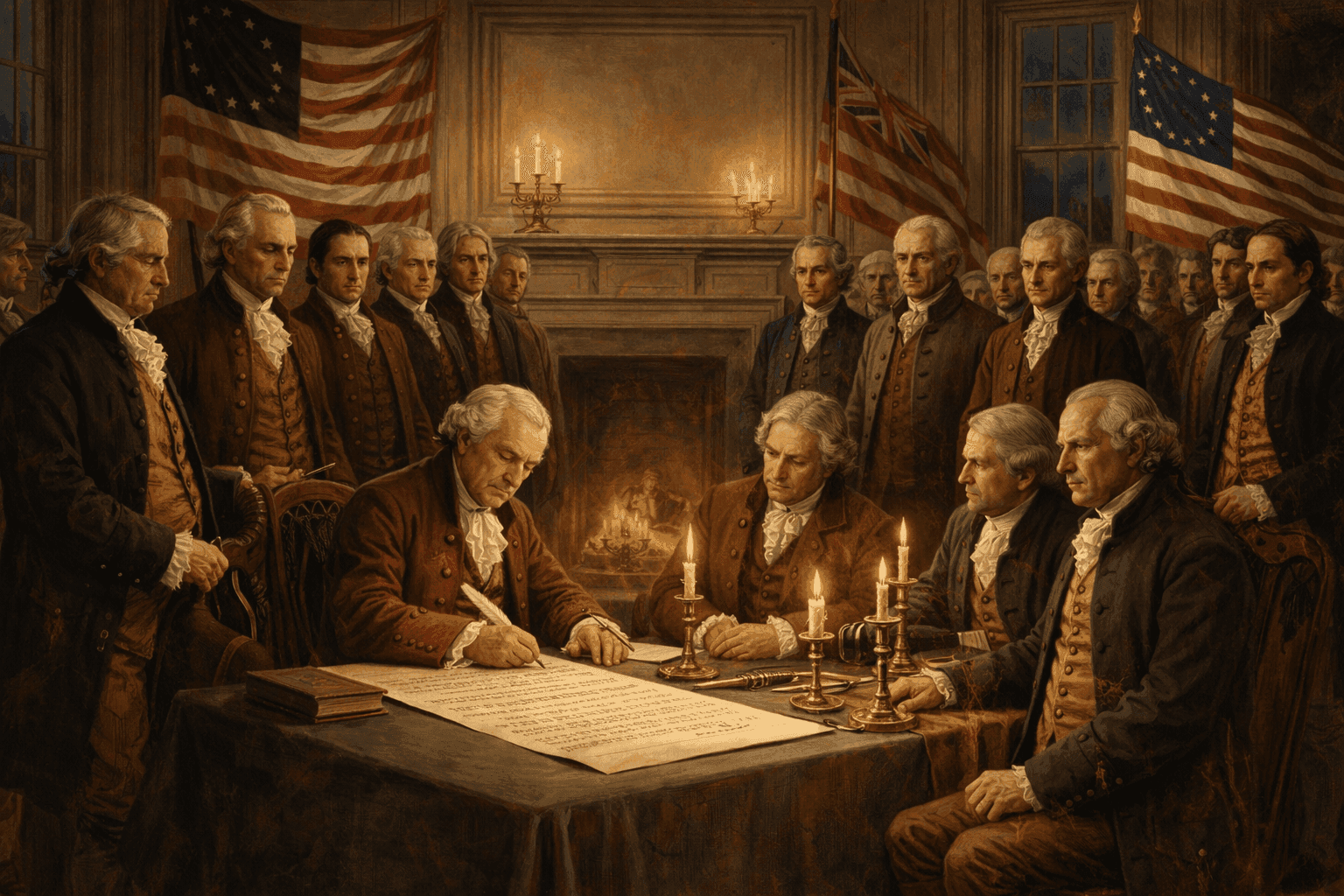 Georgia's 1788 ratification ceremony with colonial officials signing the Constitution in formal Georgian-era setting with American flags and period details