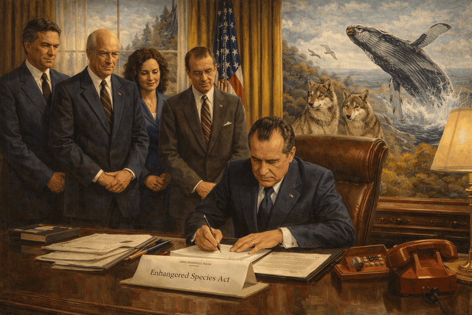 President Nixon signing the Endangered Species Act with environmental advocates present, alongside images of protected species like bald eagles and gray wolves