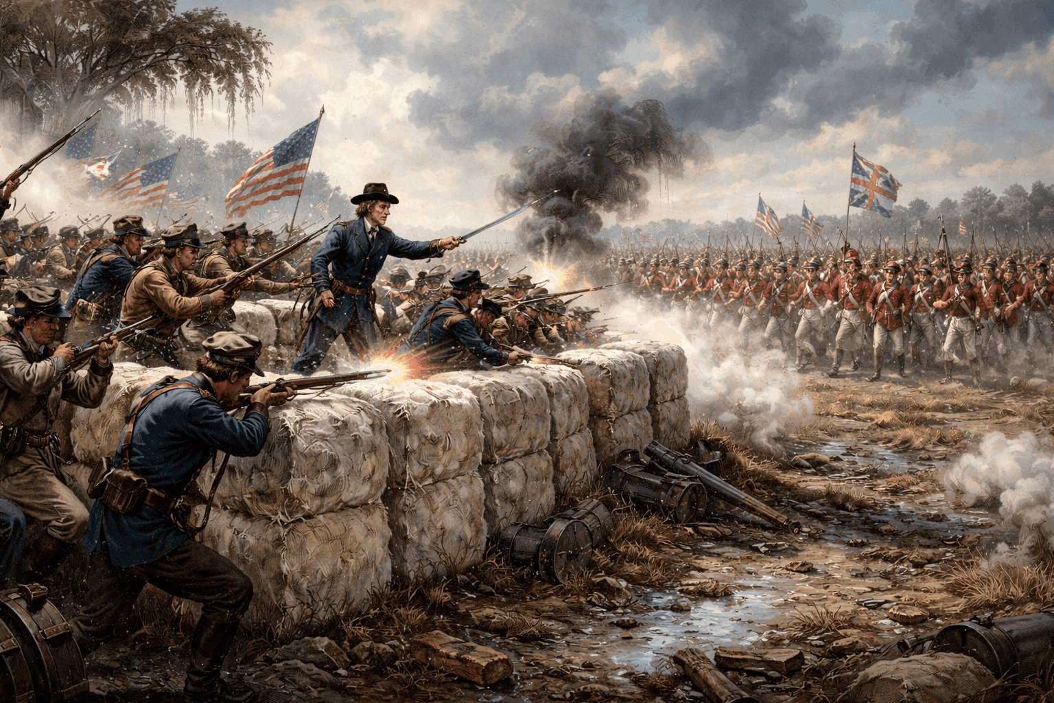 The Battle of New Orleans in 1815 showing Andrew Jackson's forces defending behind cotton bale fortifications against attacking British troops