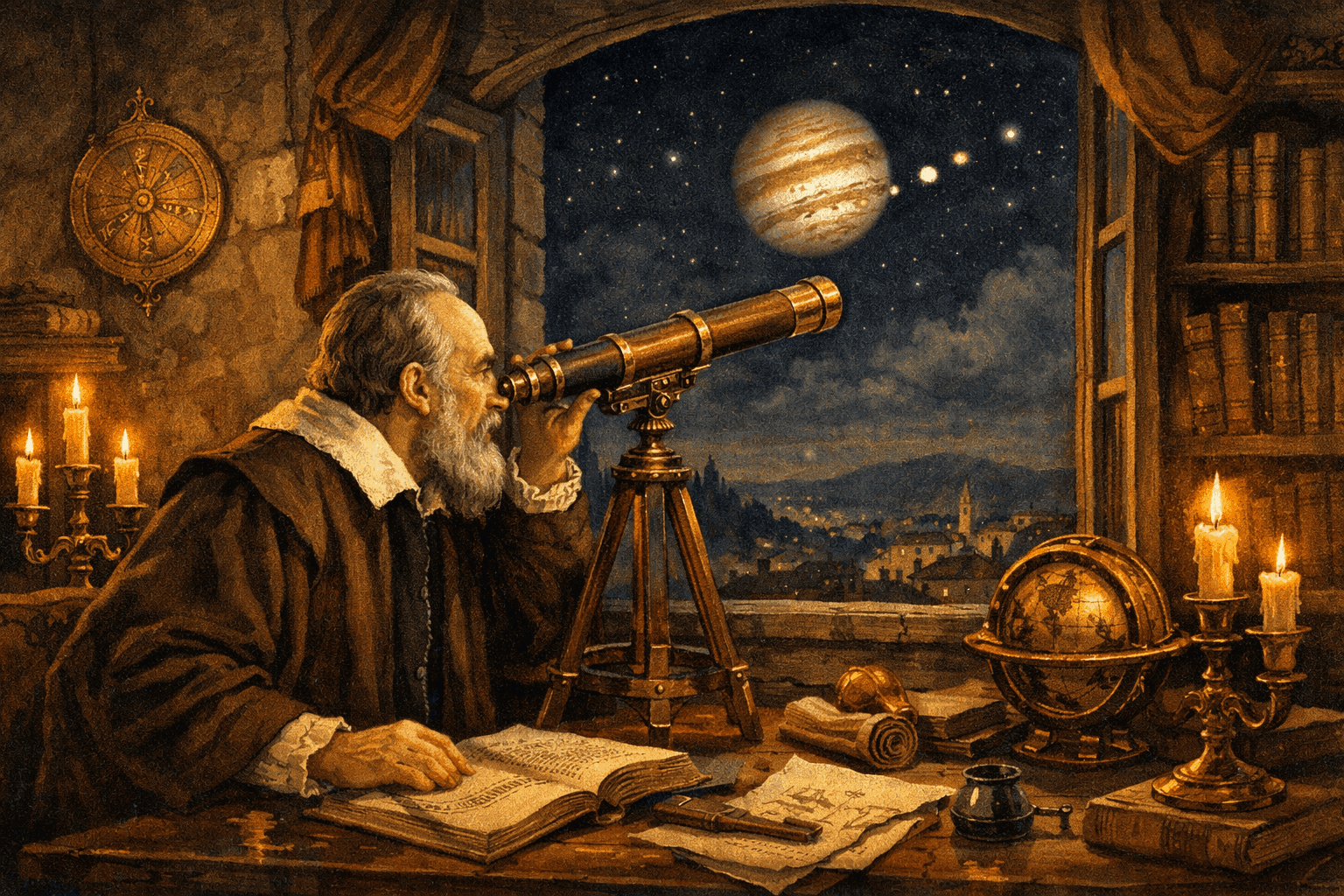 Galileo Galilei observing Jupiter through his telescope in 1610 in his Renaissance study with astronomical instruments and Jupiter's moons visible in the night sky