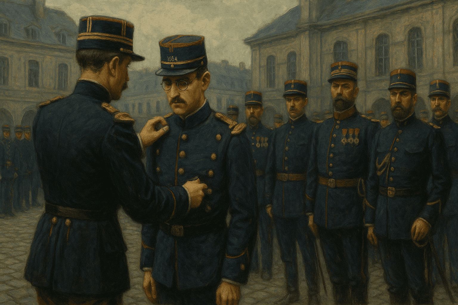 Alfred Dreyfus during his public degradation ceremony, surrounded by French military officers in the courtyard