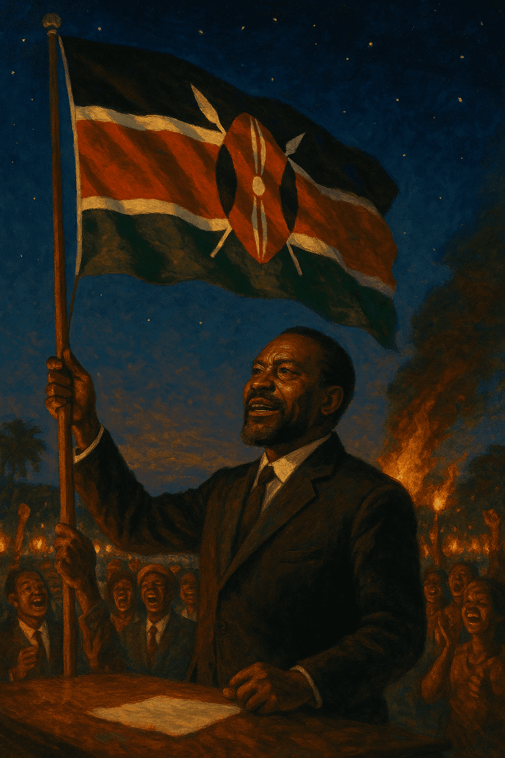 The Kenyan flag being raised at midnight during independence celebrations, with Jomo Kenyatta and jubilant crowds celebrating below under a starlit African sky