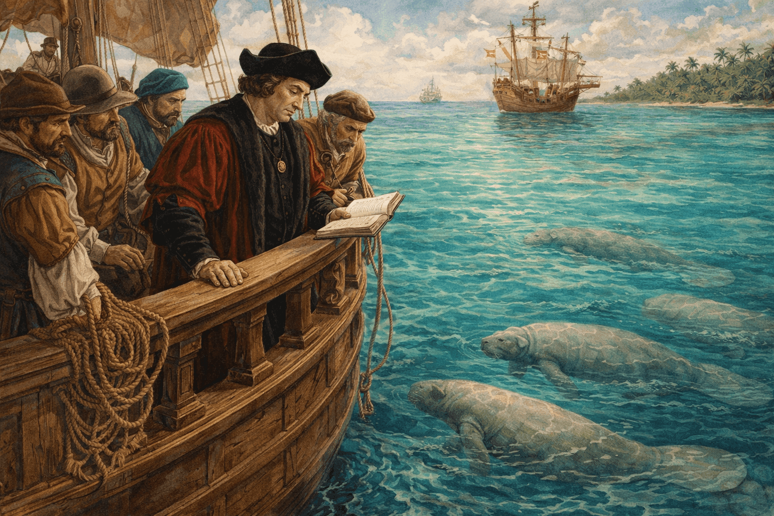 Christopher Columbus observing manatees from his ship in 1493 Caribbean waters with crew members looking on and medieval maritime setting