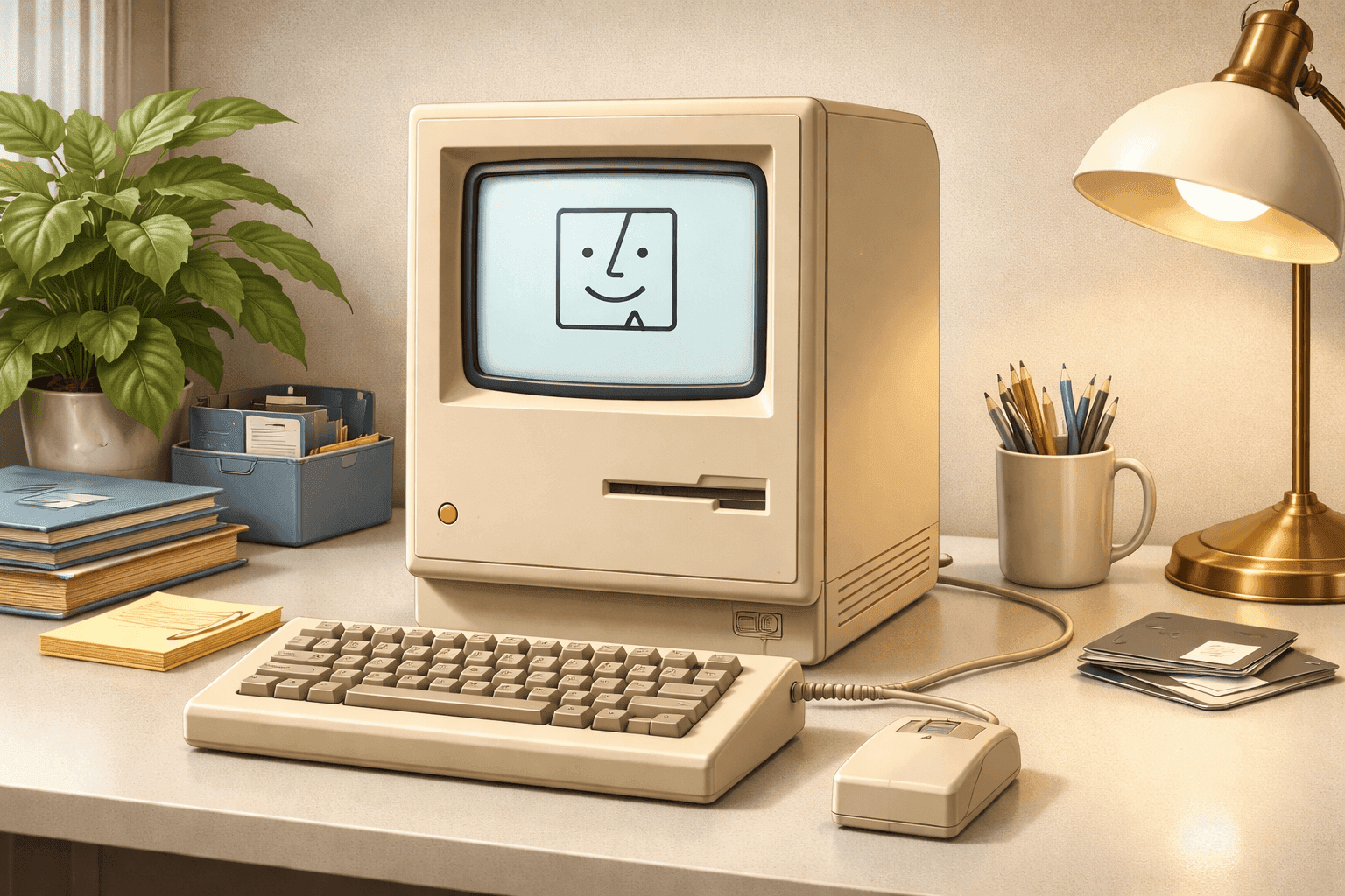 Original Macintosh computer with its compact design, screen displaying the iconic smiling Mac face, and mouse