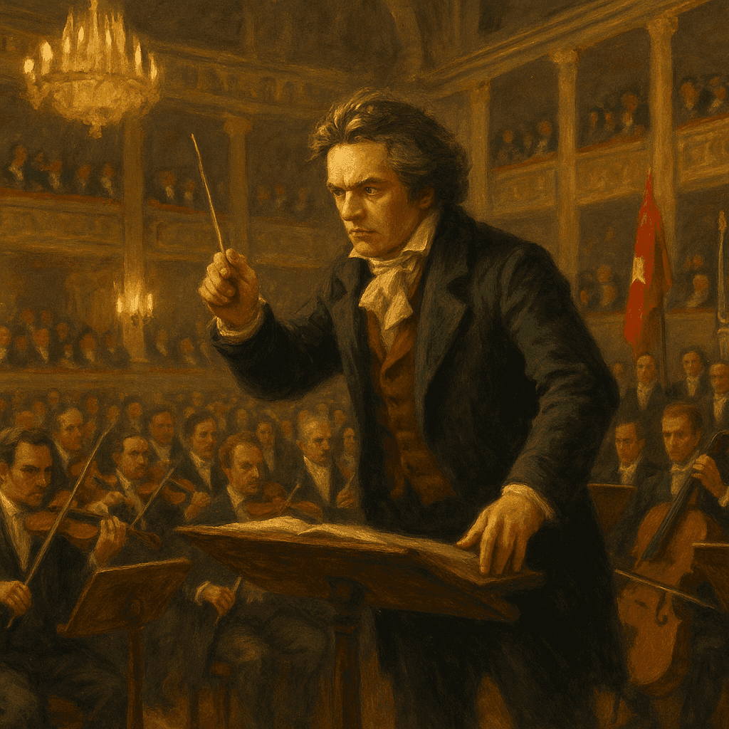 Beethoven conducting at the Theater an der Wien in 1808, with orchestra and audience in a grand concert hall setting