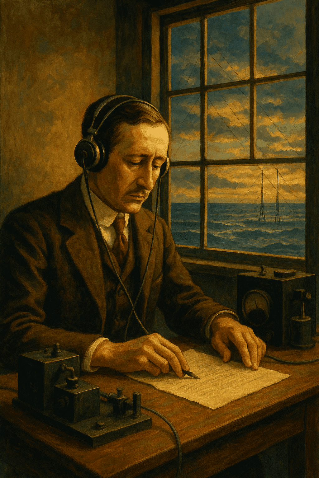 Guglielmo Marconi listening intently with headphones in a primitive radio station, with antenna equipment visible through the window overlooking the Atlantic Ocean
