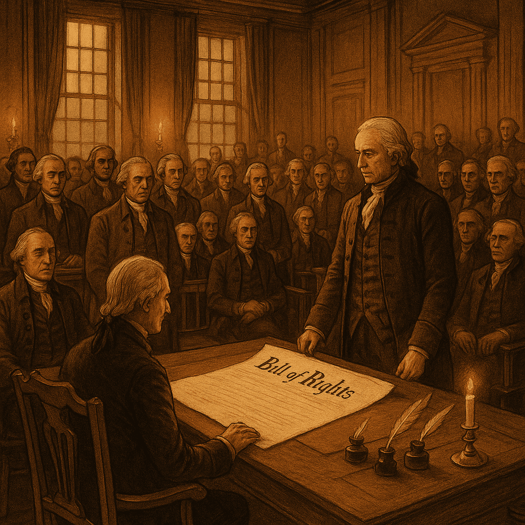 Elegant scene of the Bill of Rights document being signed in a colonial legislative chamber, with delegates gathered in period attire, candles illuminating the historic moment