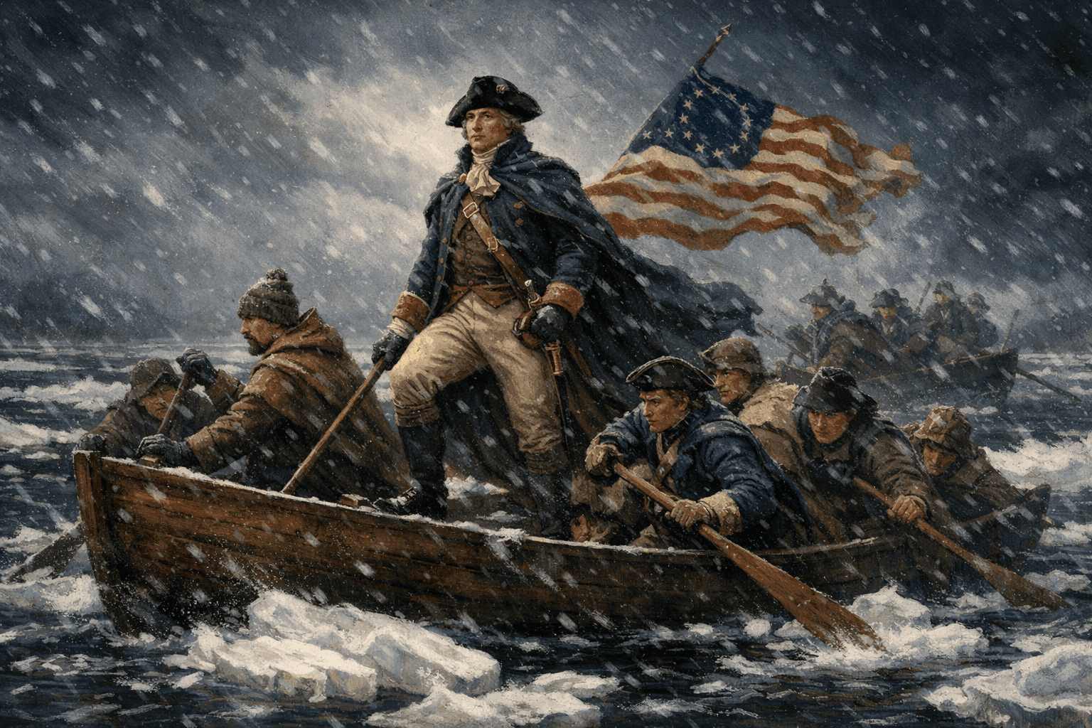 George Washington and Continental Army soldiers crossing the icy Delaware River in boats on a stormy winter night in 1776
