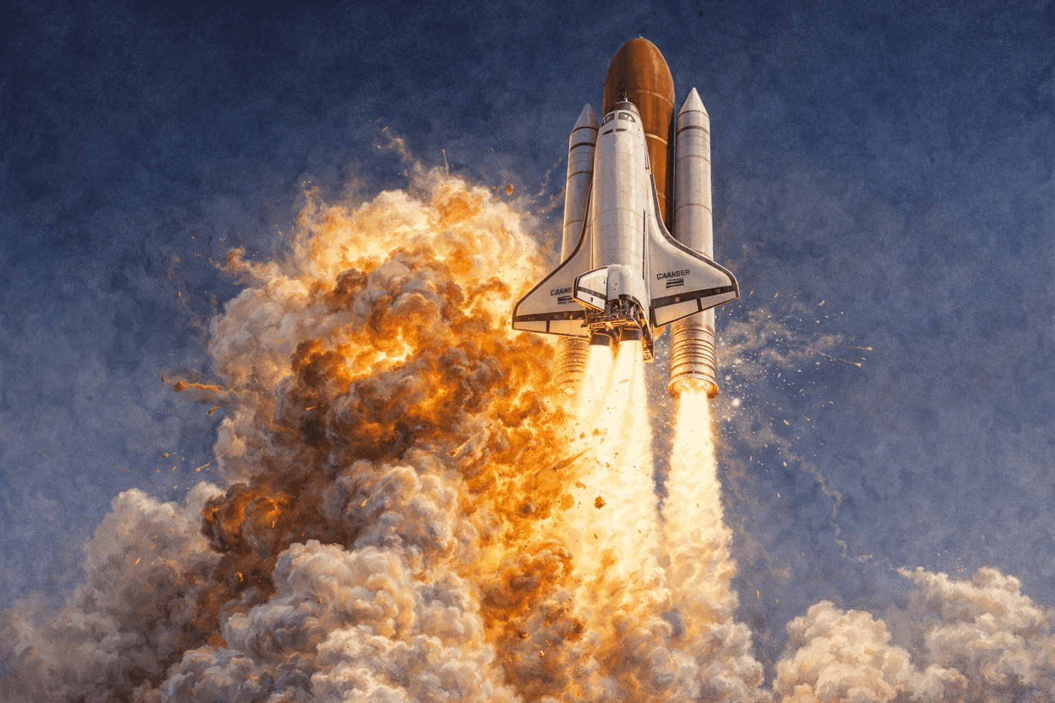 Space Shuttle Challenger during launch with the crew cabin visible and the moment of disaster beginning