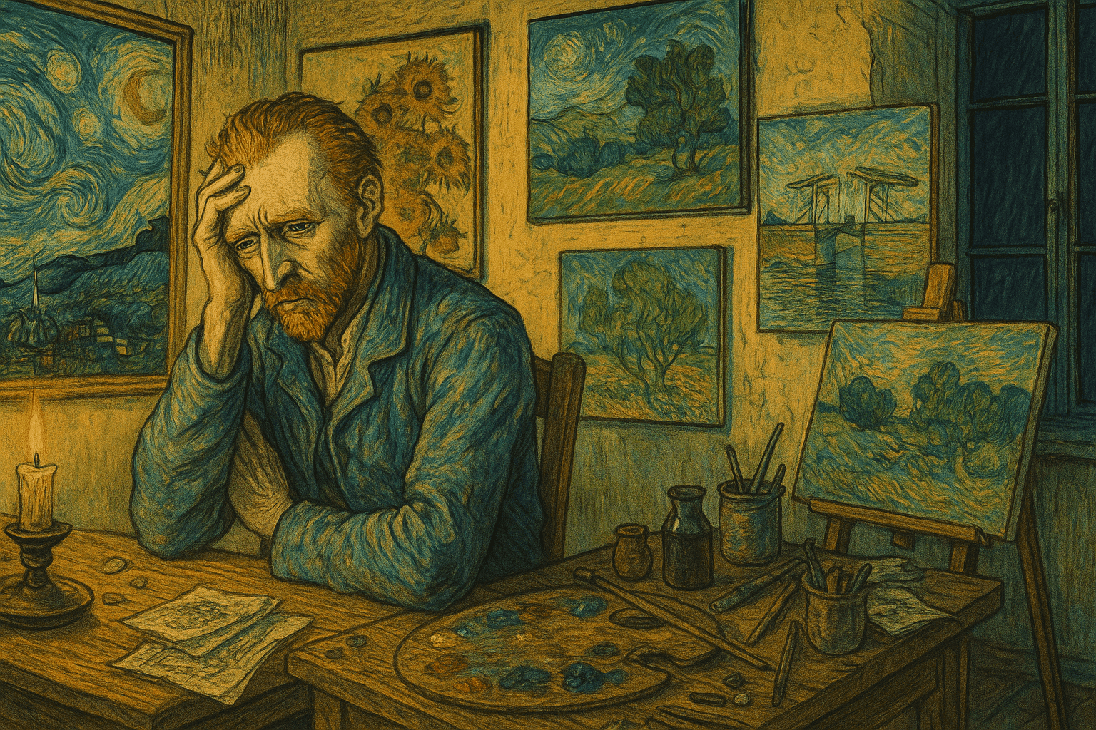 Vincent van Gogh in his yellow house studio in Arles, surrounded by his paintings and art supplies in atmospheric lighting