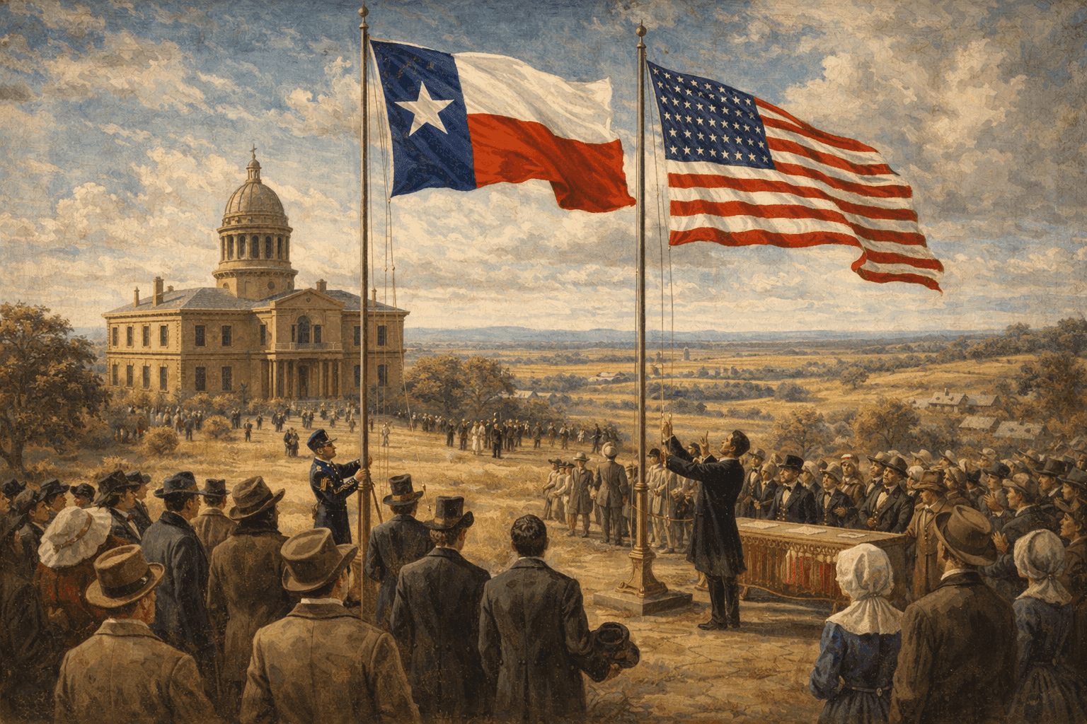 The Texas flag being raised alongside the American flag in 1845, with frontier settlements and the capitol building in Austin visible