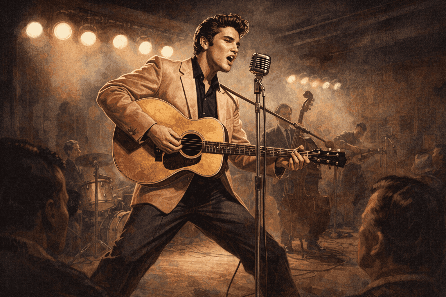 Young Elvis Presley performing in the 1950s with his guitar, capturing his revolutionary style and charismatic stage presence