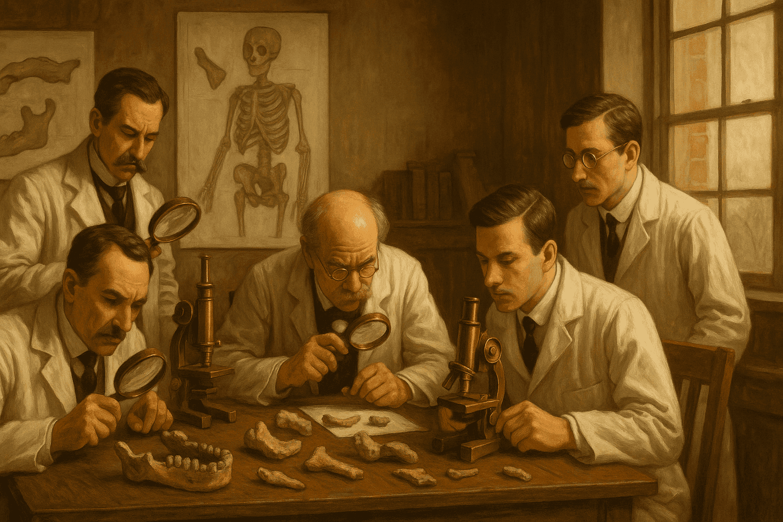 Edwardian-era scientists in a laboratory examining fossil fragments with magnifying glasses and scientific instruments, capturing the period's scientific enthusiasm