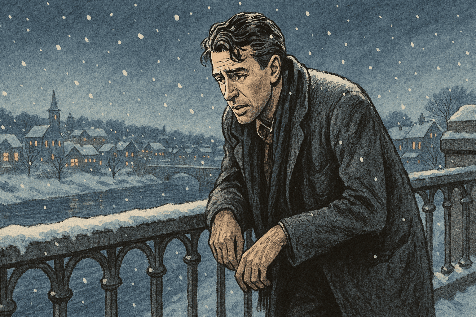 James Stewart as George Bailey on the snowy bridge in Bedford Falls, capturing the iconic emotional moment from It's a Wonderful Life