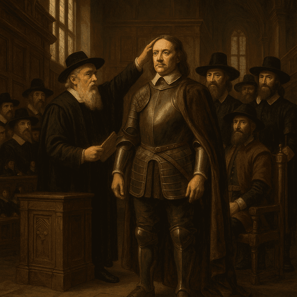 Oliver Cromwell in military armor being formally invested as Lord Protector in a grand parliamentary chamber, surrounded by officials and soldiers