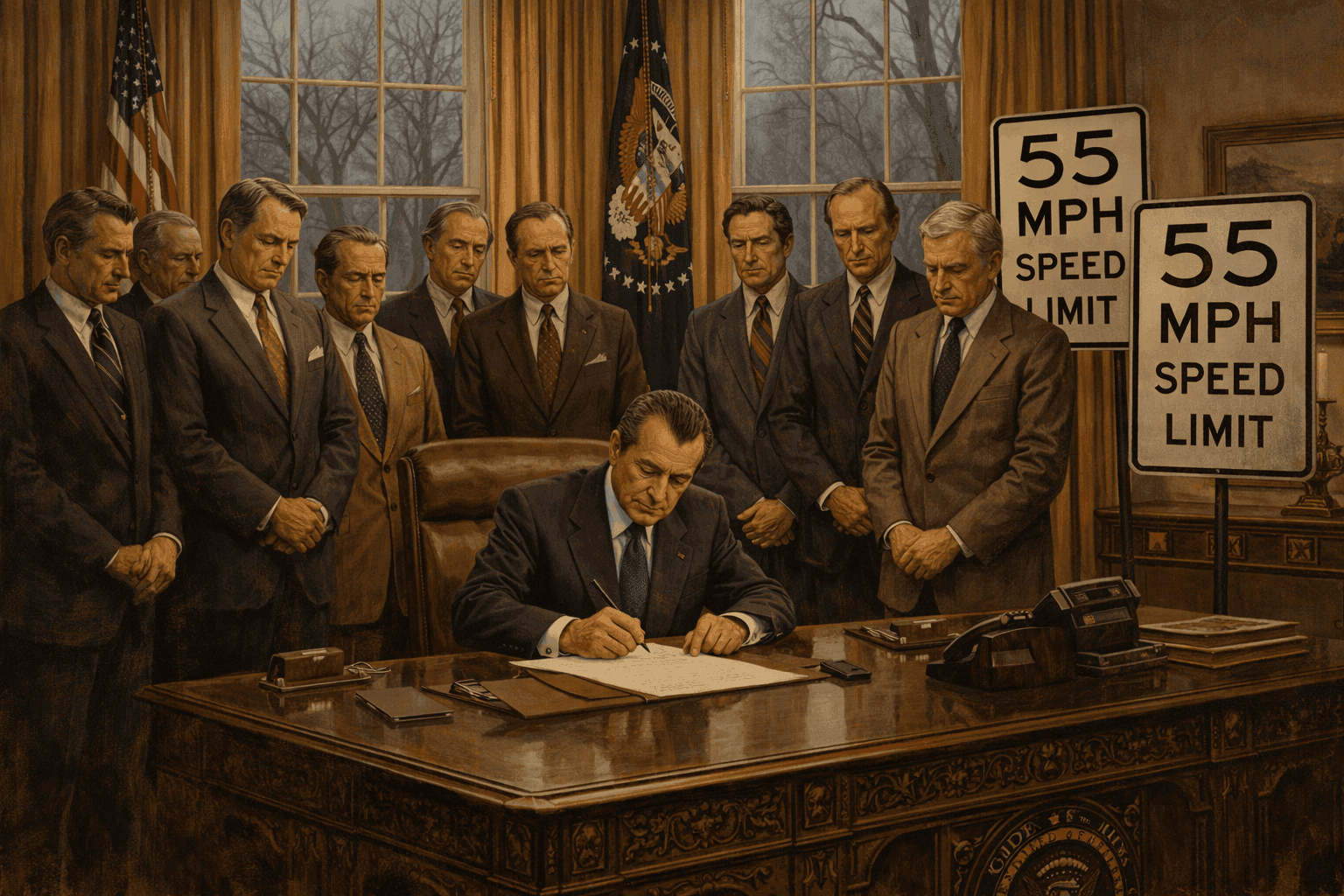 President Nixon signing the 1974 highway speed limit law with officials present and highway signs showing 55 mph visible in the background